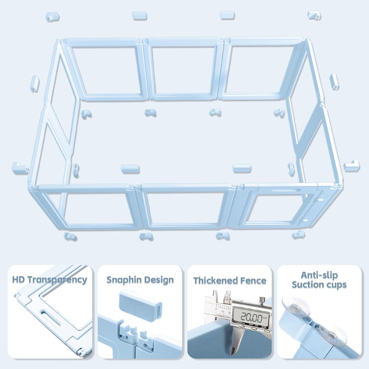 DIY Clear Acrylic Dog Playpen House,Quick Easy Assembly and Disassembly,Strong Floor Suction,Indoor and Outdoor Use,Easy Cleansing Puppy Fence (Sky Blue, 23.6" H, 12PCS)