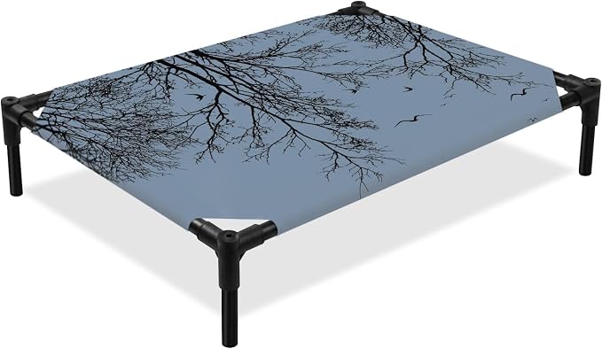 Outdoor Elevated Dog Bed for Large Dogs, Blue Black Branches Breathable Cooling Raised Dog Cot for Indoor/Outdoor, Botanical Dead Tree Birds Waterproof Elevated Pet Beds, L 28 x 22 in