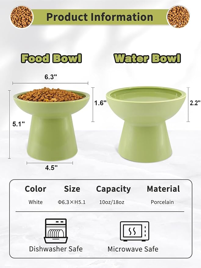 LoeJan Elevated Cat Food and Water Bowls Set, Extra Wide and Raised Ceramic Feeder, Anti-Vomit Whisker-Free Pressure Feeding Bowl for Kittens Adult Cats Small Dogs (Green, Bowl Set)