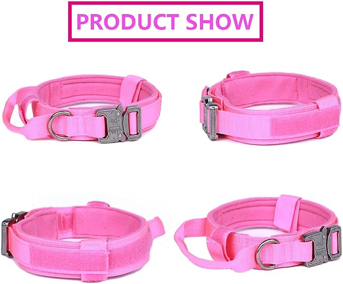 Tactical Dog Collar for Large Dogs with Control Handle,Pink,XXL | 1000D Heavy-Duty Nylon Fabric,Quick-Release Metal Buckle,Adjustable Fit,Soft-Padded Webbing,D-Ring,for Training & Hiking