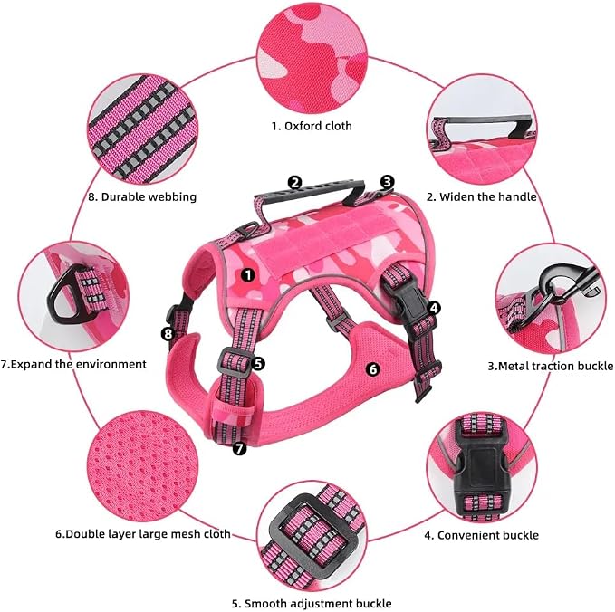 Tactical Dog Harness with Leash for Large Dogs, No Pull Adjustable Dog Harness, Reflective K9 Working Pet Vest for Walking, Training (Fuchsia Camo, M)