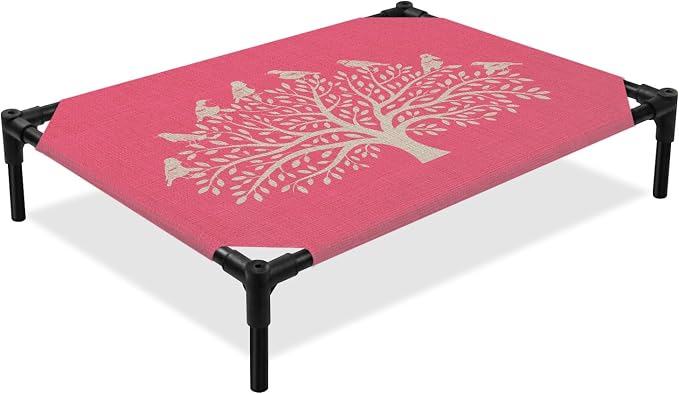 Outdoor Elevated Dog Bed for Large Dogs, Black Tree Breathable Cooling Raised Dog Cot for Indoor/Outdoor, Birds Vintage Farmhouse Pink Waterproof Elevated Pet Beds, L 28 x 22 in