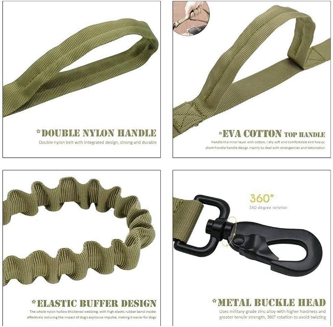 Tactical Dog Collar and Leash Set for Large Dogs with Control Handle，Green | 1000D Heavy-Duty Nylon Fabric,Quick-Release Metal Buckle,Adjustable Fit,Soft-Padded Webbing,D-Ring,for Training & Hiking,L