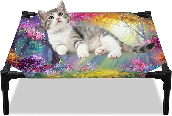 Outdoor Elevated Dog Bed for Small Dogs, Spring Tree Breathable Cooling Raised Dog Cot for Indoor/Outdoor, Forest Sunbeams Floral Botanical Waterproof Elevated Pet Beds, S 20 x 20 in