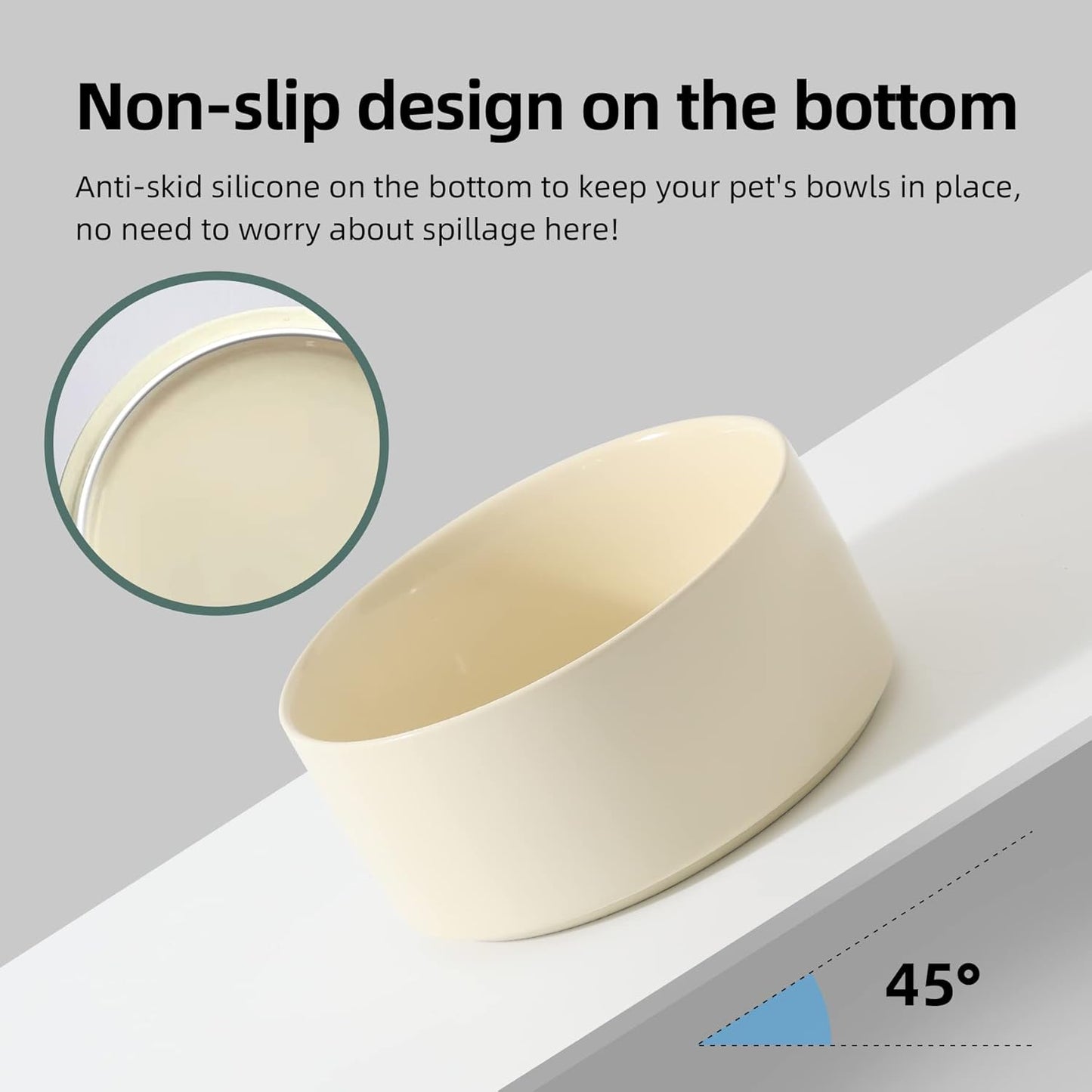 Ceramic 7.3inch Raised Double Bowls Set with Wooden Stand, Food & Water Bowls for Medium Breed Dogs, Weighted Dog Dishes, Pet Feeder(Beige)