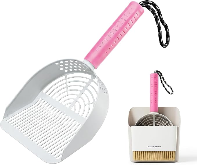 Cat Litter Scoop with Holder, 3 in 1 Metal Kitty Scooper | Heavy Duty Deep Litter Sifter with Dustpan & Mini Broom, Dual Coarse & Fine Grid, Quick Sift, Universal for All Cat Litter