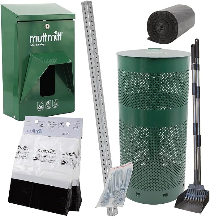 Mutt Mitt® Aluminum Low Profile Dog Waste Station - Gloss Green | 2-Ply | Compact aluminum station with 400 header bags, 25 liners, 12-gal can, locking dispenser, post & hardware included