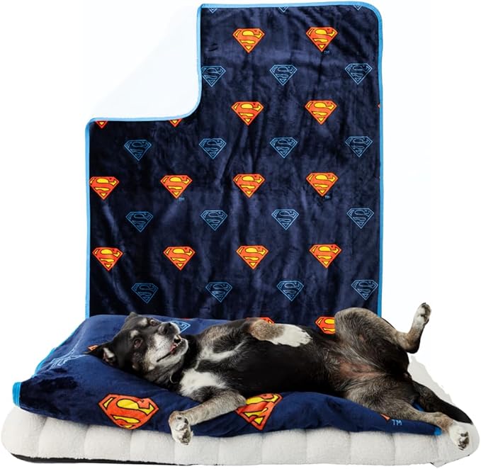 Franco Pet Superman DC Comics Super Soft Cozy Waterproof Sherpa-Backed Blanket Throw for Large Dogs, Couch/Bed/Car, 50x60 (Officially Licensed Product)
