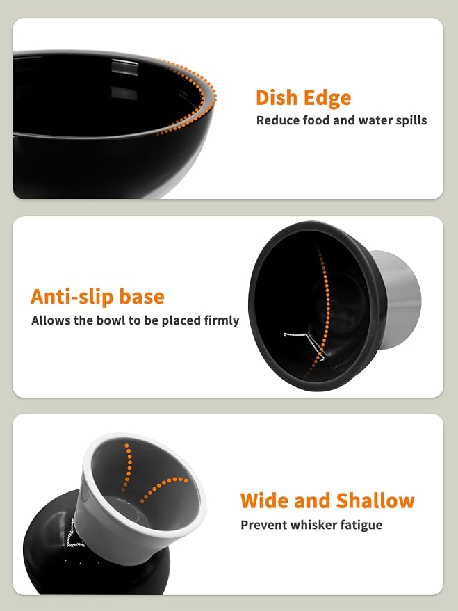 LoeJan Elevated Cat Food and Water Bowls Set, Extra Wide and Raised Ceramic Feeder, Anti-Vomit Whisker-Free Pressure Feeding Bowl for Kittens Adult Small Dogs (Black, Food Bowl)