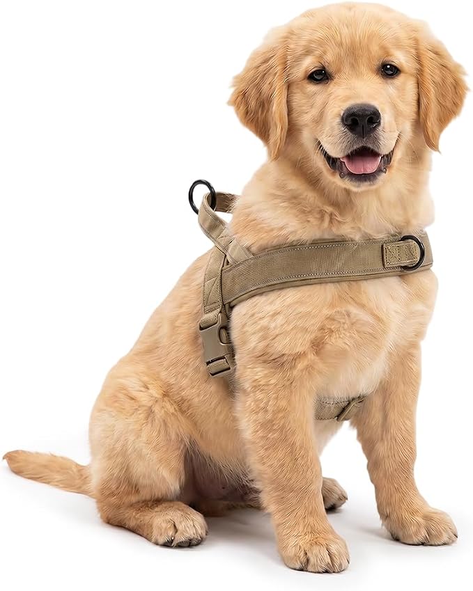 No-Pull Dog Harness with Handle, Adjustable Reflective Pet Vest Tactical Harness for Small Medium Large Dogs Walking Training, Front Clip, Escape Proof & Heavy Duty D-Ring (Khaki, M)