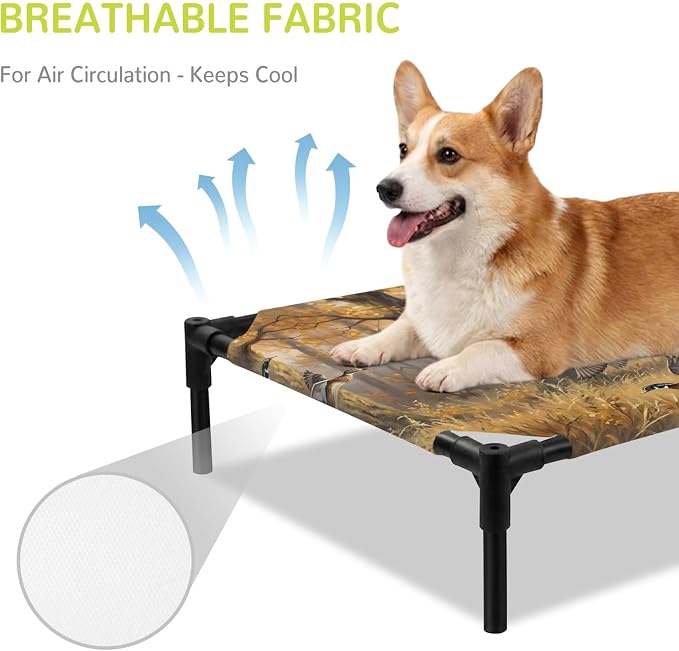 Outdoor Elevated Dog Bed for Large Dogs, Brown Deer Birds Breathable Cooling Raised Dog Cot for Indoor/Outdoor, Autumn Forest Trees Grass Natural Scenery Waterproof Elevated Pet Beds, L 28 x 22 in