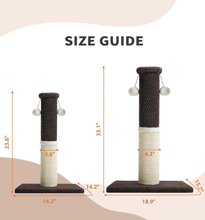 Made4Pets Tall Cat Scratching Post with Sisal & Carpet for Indoor Cats, 33" | Cat Scratcher with Wide Stable Base, Interactive Hanging Toys, Ideal for Adult Cats, Large Breeds and Full-Body Stretching