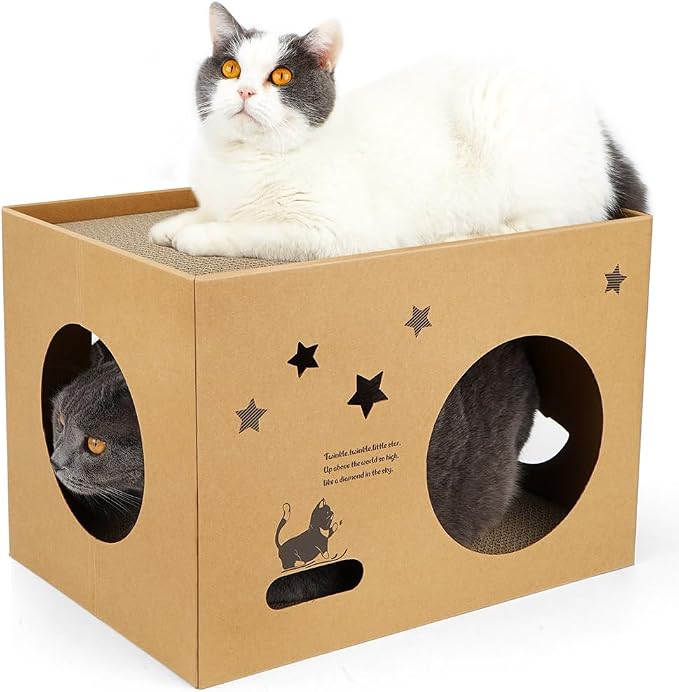 Cat Cardboard House with 2 PCS Scratching Pads，Large Cat Scratcher Bed Cat Scratchers Lounge for Indoor Cats with Corrugated Board Detachable Cat Scratcher Box for Cats(Star)