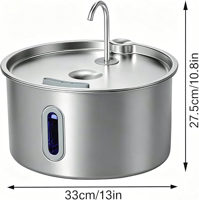 Stainless Steel Dog Water Fountain,12L/3.17Gal Large Capacity | Visible Water Window Window LED Alert Anti-Splash Feeding Mat for Multi-Pet Homes
