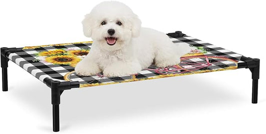Outdoor Elevated Dog Bed for Medium Dogs, Sunflowers Bicycle Breathable Cooling Raised Dog Cot for Indoor/Outdoor, Summer Budding Botanical Floral Lattice Waterproof Elevated Pet Beds, M 24 x 20 in