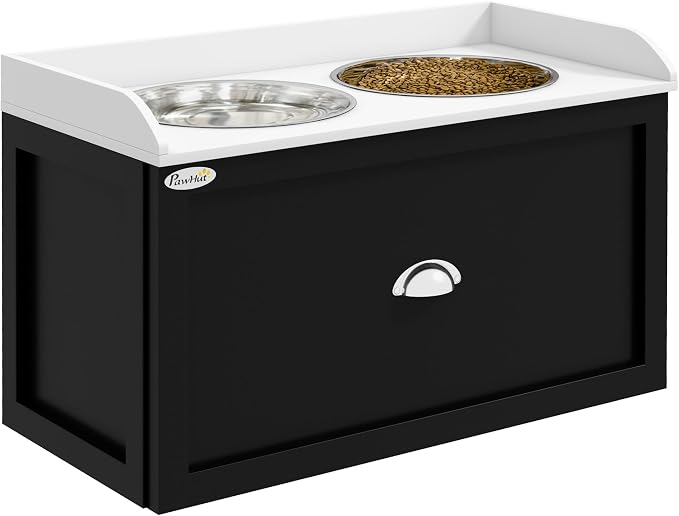 PawHut Dog Feeding Station with Storage Drawer, Elevated Dog Bowls for Large Dogs, White and Black | 2 Removable Elevated Pet Bowls, for Large Sized Breeds