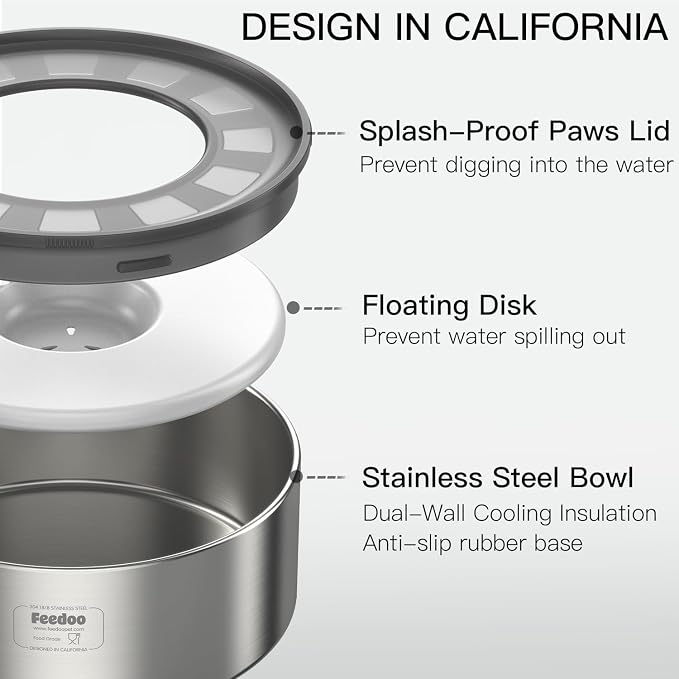 2L No Spill Water Bowl for Dogs, Double-Wall Stainless Steel with Splash-Proof Paws Lid and Floating Disk, Non-Slip Base, Easy to Clean Slow Water Feeder for Small Medium Dogs