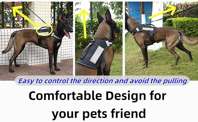 Heavy Duty Tactical Dog Harness for Large Dogs No Pull, Adjustable Reflective Pet Vest with 2 Leash Clips Front & Back, Easy Control Handle for Walking, Training, Service, Black, XL