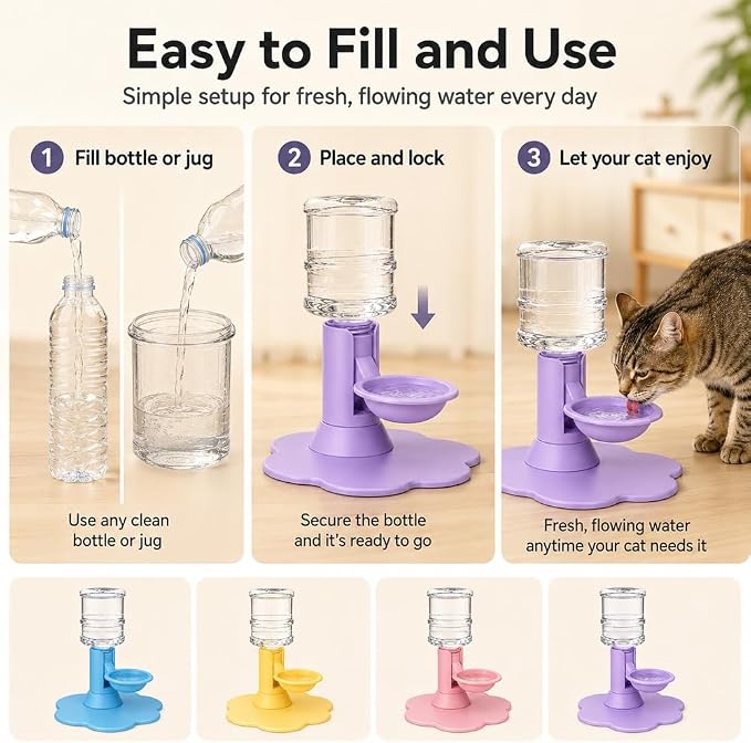 Automatic Pet Water Dispenser,Flow Self Refilling Cat & Dog Water Bowl | Portable Bottle Outdoor Jug, 3 Gallon No Spill, Washing Station for Pets, Feeder, Fountain, Storage(Purple,Includes Bottle)