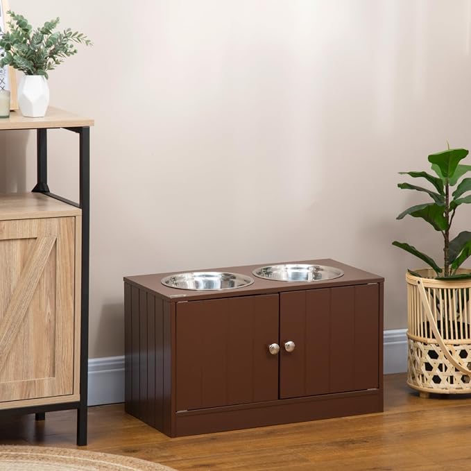 Large Elevated Dog Bowls with Storage Cabinet Containing 44L Capacity, Raised Bowl Stand Pet Food Feeding Station, Brown, Easy-Install