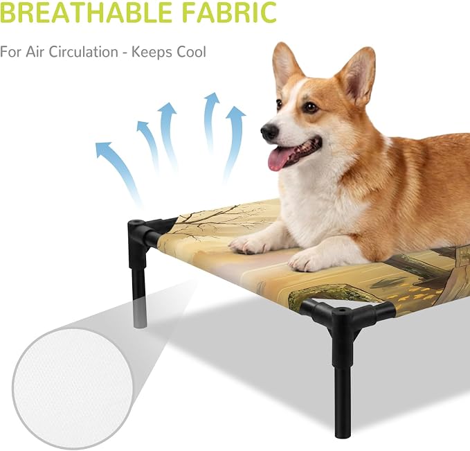 Outdoor Elevated Dog Bed for Large Dogs, Elephants Breathable Cooling Raised Dog Cot for Indoor/Outdoor, Branches Trees Modern Art Animals Waterproof Elevated Pet Beds, L 28 x 22 in
