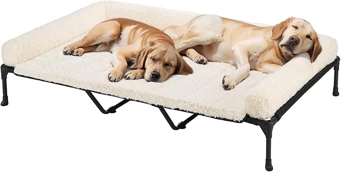 Veehoo Orthopedic Elevated Dog Bed Add Removable Deluxe Rose Plush Bolster Cushion Mat, 59" x 37" Washable Dog Couch Bed, Raised Pet Cot with Breathable Teslin Mesh, No-Slip Feet, White, CWC2439B