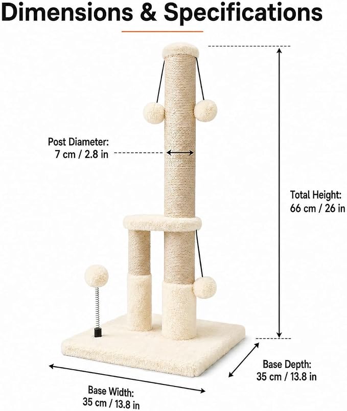 Dimaka Tall Cat Scratching Post, Double Lower Posts Extra Stable Cat Post Tree Scratcher with Sisal Rope and Teasing 4 Balls Total Large Base (Beige)