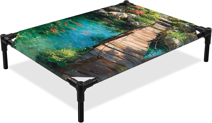 Outdoor Elevated Dog Bed for Medium Dogs, Wooden Bridge Pond Breathable Cooling Raised Dog Cot for Indoor/Outdoor, Spring Floral Fish Waterproof Elevated Pet Beds, M 24 x 20 in