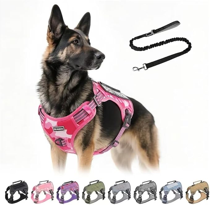 Tactical Dog Harness with Leash for Large Dogs, No Pull Adjustable Dog Harness, Reflective K9 Working Pet Vest for Walking, Training (Fuchsia Camo, M)