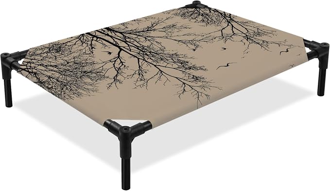 Outdoor Elevated Dog Bed for Medium Dogs, Brown Black Branches Breathable Cooling Raised Dog Cot for Indoor/Outdoor, Botanical Dead Tree Birds Waterproof Elevated Pet Beds, M 24 x 20 in