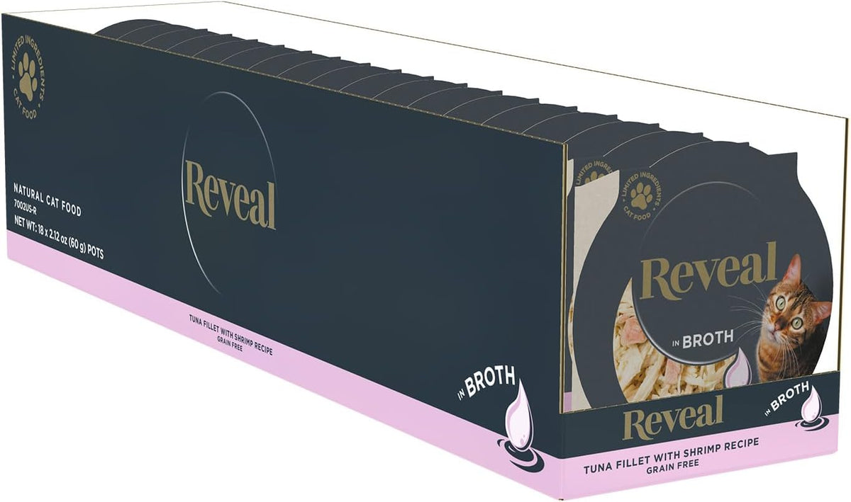 Reveal Natural Wet Cat Food, 18 Count, Grain Free, Limited Ingredient Cat Food Cups, Tuna with Shrimp in Broth, 2.12 oz Easy Peel Cups