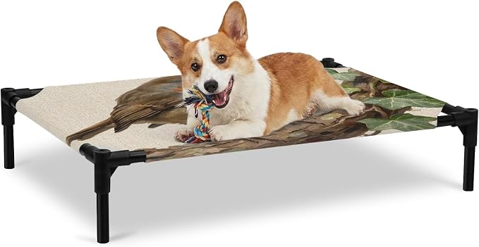 Outdoor Elevated Dog Bed for Large Dogs, Bird Breathable Cooling Raised Dog Cot for Indoor/Outdoor, Ivy Branch Animal Green Botanical Leaf Rustic Waterproof Elevated Pet Beds, L 28 x 22 in