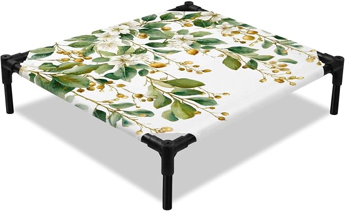 Outdoor Elevated Dog Bed for Small Dogs, Floral Vine Breathable Cooling Raised Dog Cot for Indoor/Outdoor, White Hanging Buds Botanical Flowers Farmhouse Waterproof Elevated Pet Beds, S 20 x 20 in