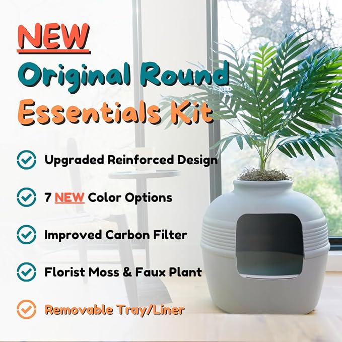 Good Pet Stuff Original Hidden Litter Box Planter, Decorative Cat Litter Enclosure with Carbon Filter, Artificial Palm Plant, Upgraded Design, Easy Clean Litter Tray, Essentials Kit, Stone Gray