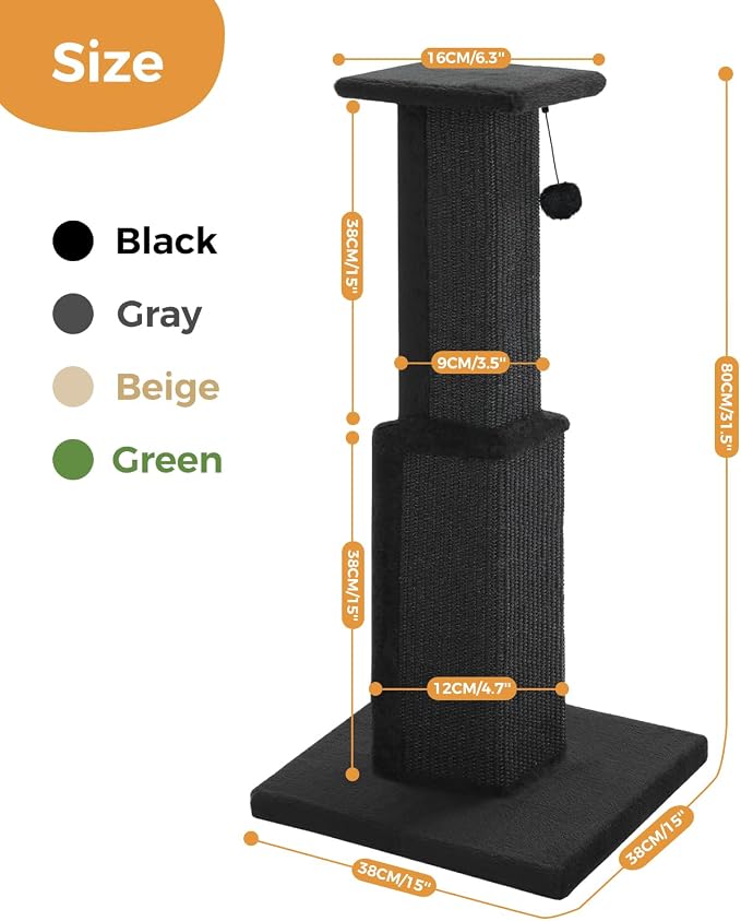 PAWZ Road Large Cat Scratching Post 32” Tall Black Scratching Post for Indoor Cats Adults Ultimate Scratch Post with Woven Sisal, Large Base and Removable Dangling Ball- Black | Heavy Duty Cat Post with 16x16”Large Base Covered Sturdy Woven Sisal Scrat...