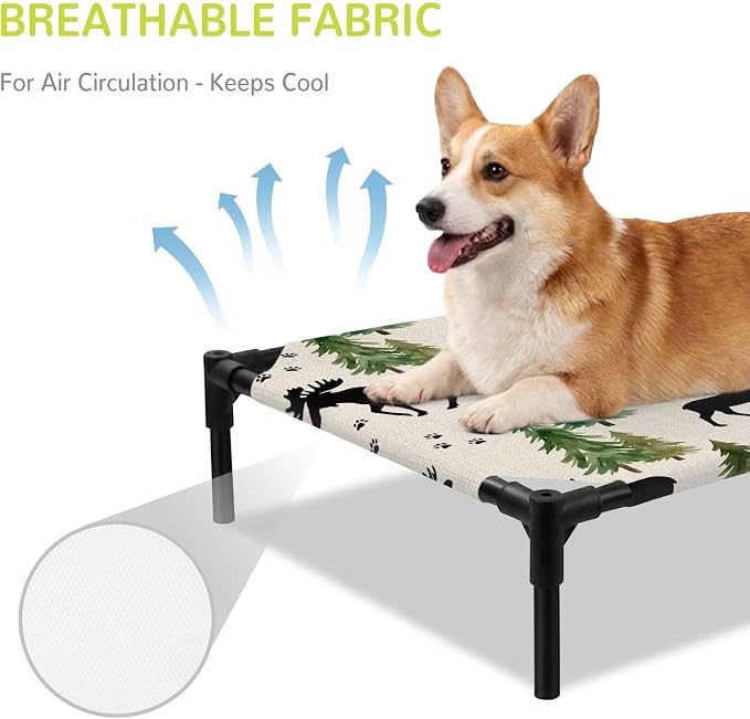 Outdoor Elevated Dog Bed for Large Dogs, Black Green Moose Breathable Cooling Raised Dog Cot for Indoor/Outdoor, Modern Animals Trees Rustic Waterproof Elevated Pet Beds, L 28 x 22 in
