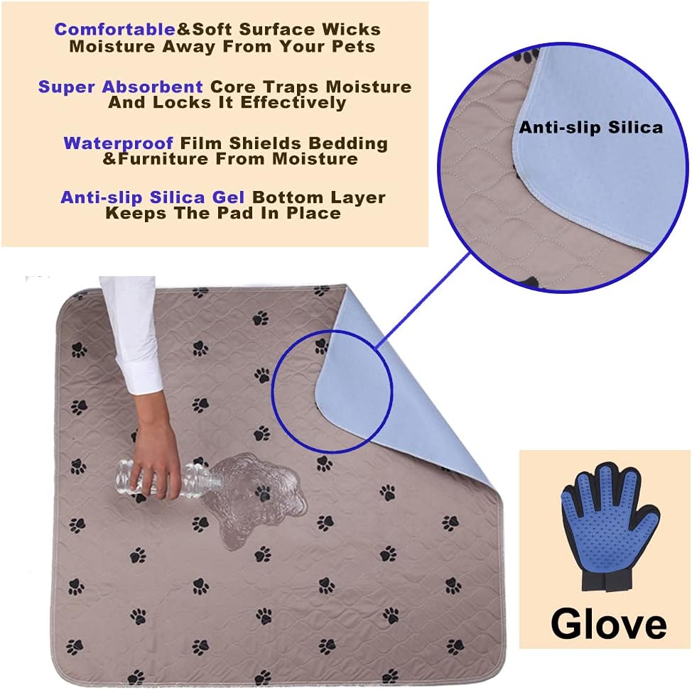 SincoPet Washable Dog Pee Pads with Puppy Grooming Gloves,Puppy Pads,Reusable Pet Training Pads,Large Dog Pee Pad,Waterproof Pet Pads for Dog Bed Mat,Super Absorbing Whelping Pads