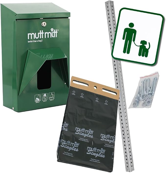 Mutt Mitt® Aluminum Mini Dog Waste Station - Gloss Green | Singles | Full-height aluminum station with sign, 400 header bags, locking dispenser, & post | install beside existing trash cans