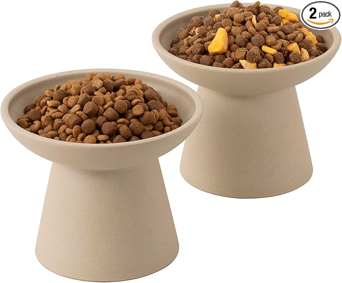 CEEFU Extra Wide Elevated Ceramic Cat Bowl, 6.2" Shallow Dish for Whisker Fatigue Relief, 5" Height for Easy Feeding, Durable Raised 2 Cat Food Bowls, Pottery Clay (Not Glazed)