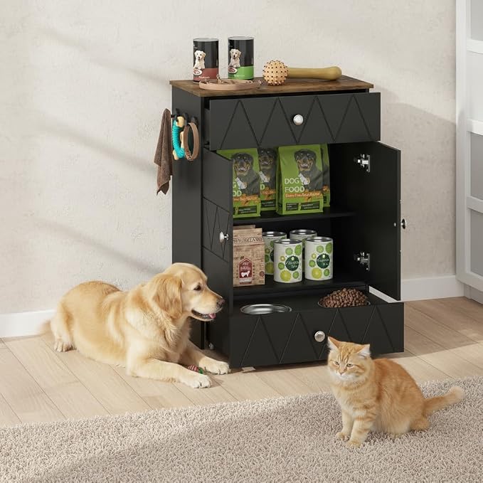 Pet Feeding Station with Storage, Raised Dog Bowls, Pet Feeder Cabinet, with Adjustable Shelves, Rolling Drawer, Hooks, for Feeding & Watering Supplies (Black)