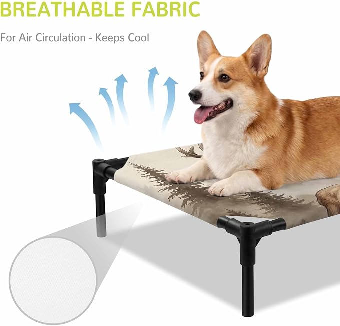 Outdoor Elevated Dog Bed for Medium Dogs, Brown Elk Breathable Cooling Raised Dog Cot for Indoor/Outdoor, Farm Pine Forest Tree Wildlife Rustic Waterproof Elevated Pet Beds, M 24 x 20 in