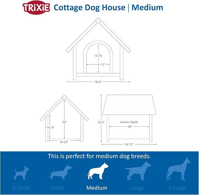 TRIXIE Natura Medium Cottage Dog House, 34.75 x 30.5 x 32.5 in, Brown | Outdoor Wooden Dog Shelter, Weatherproof Sealer, Peaked Roof, Removable Floor Panels, Adjustable Legs