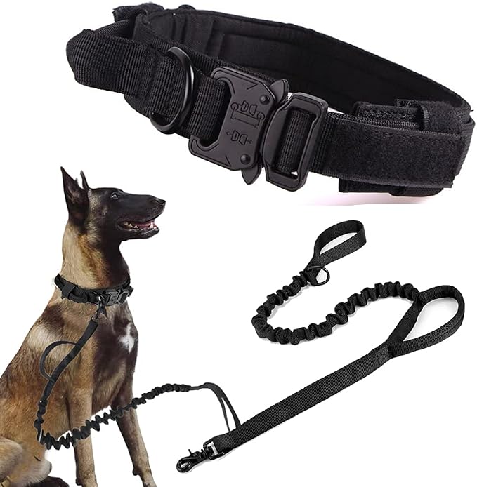 Tactical Dog Collar and Leash Set for Large Dogs with Control Handle，Black | 1000D Heavy-Duty Nylon Fabric,Quick-Release Metal Buckle,Adjustable Fit,Soft-Padded Webbing,D-Ring,for Training & Hiking,XXL