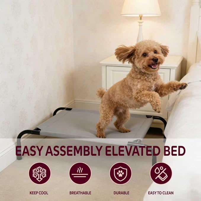 Elevated Dog Bed with Breathable Mesh Fabric, Raised Pet Cot with Airflow and Support, Durable and Easy to Clean (Grey, Small)