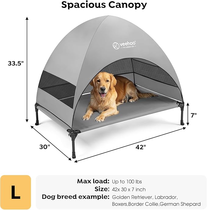 Veehoo Outdoor Dog Bed with Canopy, Cooling Elevated Dog Shade for Outside | Portable Raised Dog Cot with Removable Shade, Sun Protection Dog Tent Outdoor for Camping, Beach, 42" x 33.5", Grey
