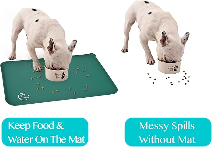 Silicone Waterproof Dog Cat Pet Feeding Mats, Non Slip, Easy Clean Pet Dog Cat Bowl Mats Placemat (18.5" x 11.5") Hunter Green