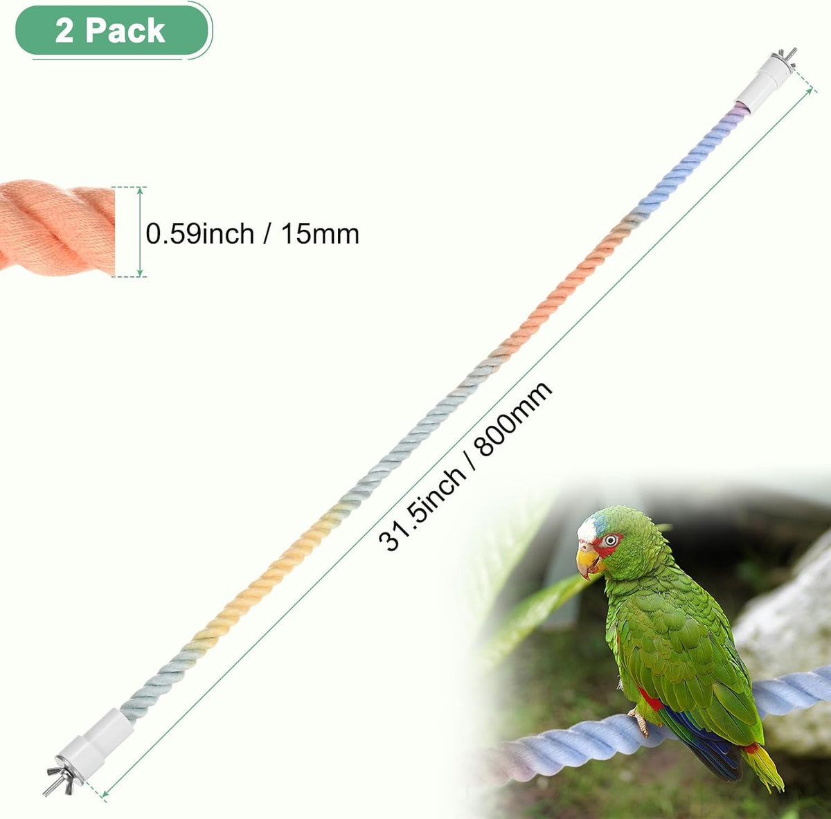 2-Pack Rope Perches for Bird Cages, 31.5 in Length Comfort Grip Flexible Rope Perch Beak & Paw Grinding for Parrots/Cockatiels/Parakeets, Bird Platform Sand [Pink Blue]