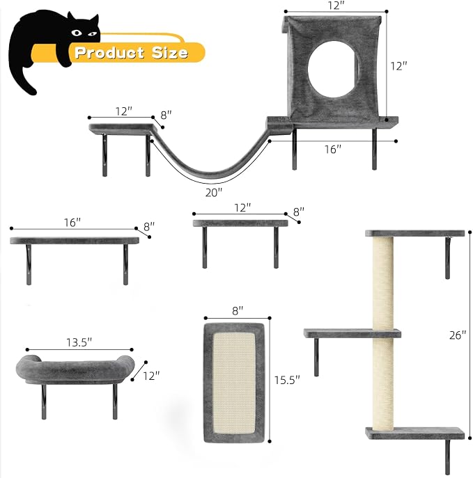 12-in-1 Cat Wall Shelves, Luxury Wall-Mounted Cat Climber Set with Condos House, Scratching Post, Bridge Ladder, Indoor Space-Saving Furniture for Kittens, Dark Gray