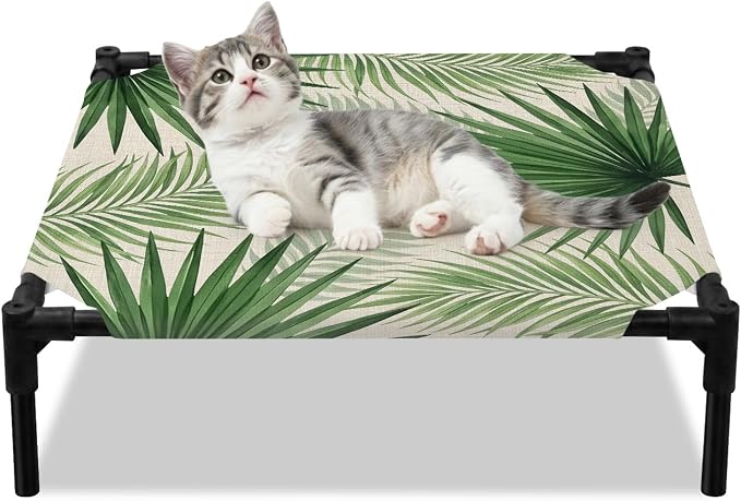 Outdoor Elevated Dog Bed for Small Dogs, Summer Leaves Breathable Cooling Raised Dog Cot for Indoor/Outdoor, Rustic Tropical Palm Leaf Plants Branches Waterproof Elevated Pet Beds, S 20 x 20 in