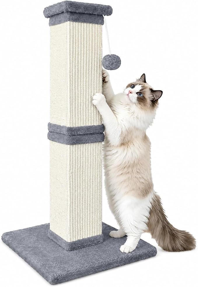 Vertical Cat Scratching Post for Indoor Cats, Sisal Scratch Tower with Soft Plush Base & Ball, 32'' Tall Cat Scratcher Column for Kittens and Adult Cats, Furniture Protection, Light Grey